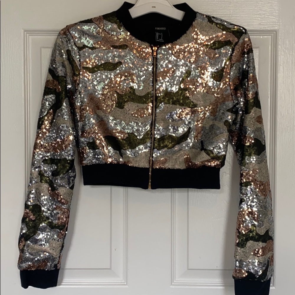 Forever 21 Multi Sequin Camo Bomber Jacket